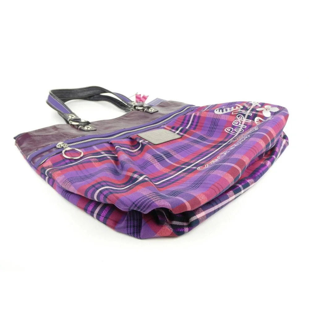 Coach Poppy Purple Plaid Large Shoulder Bag Tote 15886